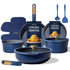 lot 11628 image: CAROTE 15pcs Ceramic Cookware Set, Pots and Pans Set with Detachable Handle