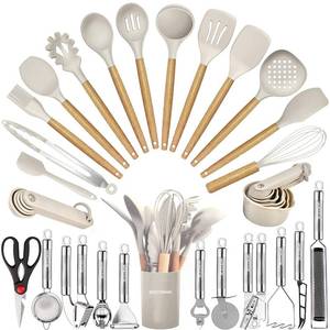 lot 11639 image: Kitchen Utensils Set- 35 PCs Cooking Utensils with Grater,Tongs, Spoon Spatula &Turner Made of Heat Resistant Food Grade Silicone and Wooden Handles Kitchen Gadgets Tools Set for Nonstick Cookware