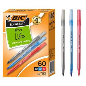 lot 12089 image: BIC Round Stic Xtra Life Assorted Ink Ballpoint Pens, 60-Count, 1.0mm