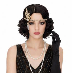 lot 12114 image: Black Finger Wave Wig 1920s Flapper Wigs with Headband Necklace Gloves Set