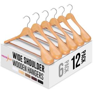 lot 19177 image: HOUSE DAY Wide Shoulder Wooden Hangers 12 Pack, Wood Suit Hangers for Men with Non Slip Pants Bar, Smooth Finish Solid Wood Coat Hanger for Jacket, Pants, Dress, Heavy Clothes Hangers (Natural)