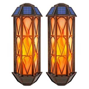 lot 19191 image: 2 Pack Flickering Flame Wall Sconces, Solar Lanterns Outdoor Waterproof