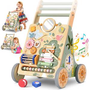 lot 19213 image: Wooden Baby Walker with Wheels, Adjustable Speed & Height Baby Push Walker, Montessori Sit-to-Stand Activity Center, Learning to Walk Toy for 18 Months Baby Boys Girls, Birthday Gift for Toddlers