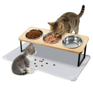lot 19221 image: Elevated Cat Bowls, 15°Tilted Raised Cat Food Bowls with Mat, Cat Food and Water 3 Stainless Steel Bowl Set for Indoor, Anti-Vomiting, Whisker Fatigue.
