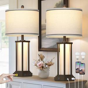 lot 19253 image: Cinkeda 27 Tall Vintage Table Lamps with USB CA & Outlet,Brown End Table Lamp Set of 2 for Living Room,Rustic Bedside Lamps with Frosted Glass Night Light for Bedroom Nightstand,Oil-Rubbed Bronze