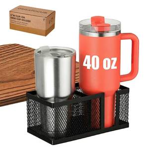 lot 20293 image: Dual Slots Clip On Metal Desk Cup Holder, Fits up to 40oz cups �� No Spill Clamp for Table, Bed, Chair �� Large Adjustable Drink Holder for Yeti, Hydro Flask, Starbuck �� Mountable Cup Attachment - Black