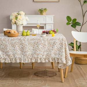lot 20294 image: GLORY SEASON Rustic Tablecloth Plant Leaf Printed with Ruffle Flounces Trim Linen Blended RectangleOblong Table Cloth for Kitchen Dining Parties Farmhouse Decor Cocoa Brown,60x102 Inch