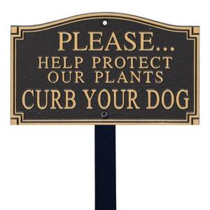 lot 20296 image: SmartSign 5.75 x 9.5 inch Please Help Protect Plants - Curb Your Dog GardenBoss Statement Plaque with 18 inch Lawn Stake, 375 mil Rustproof Aluminum, Black and Gold, Set of 1