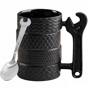 lot 20320 image: LOZACHE 3D Tire Funny Coffee Mug with Spoon & Handle, 500ml Large Novelty Ceramic Tea Mug Milk Cup Cool Car Lovers Gifts for Men Mechanic Drviers Dad Brothers Cool Birthday Present (Black 02)