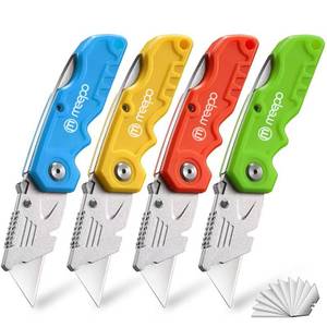 lot 20394 image: M MEEPO 4-Pack Box Cutter, Colorful Folding Utility Knife w 10 pcs Blades