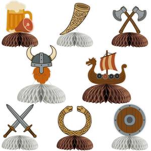 lot 20407 image: Cheerupp 8 Pcs Nordic Viking Helmet Ship Honeycomb Centerpieces Decorations, Barbarian Pirate Table Toppers Decor, Northern Europe Pirate 3D Table Signs for Baby Shower Birthday Party Supplies