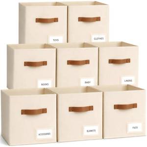 lot 1861 image: Stowsia Storage Cubes 8 Pack, 11 Inch Fabric Storage Cubes Organizer Bins with Labels, Odor-Free & Sturdy PP Structure, Cubby Baskets for Closet, Shelves, Toys & Nursery (Beige)