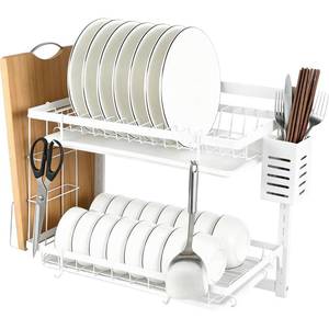 lot 1862 image: OriArc 2 Tier Wall Mounted Dish Rack, Large Capacity Hanging Dish Drying Rack Adjustable Height, Carbon Steel Frame with Cutting Board Holder, Utensil Holder for Kitchen