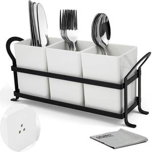 lot 1864 image: Czlizdyt Cutlery Holder with Drain Holes, Silverware Caddy for Party Countertop, 3pcs Bins Set Utensil Holders for Spoon and Fork, White