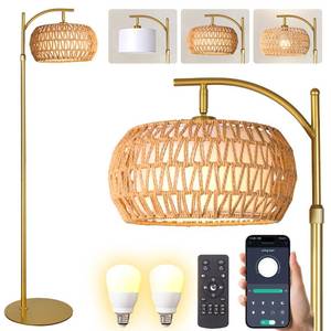 lot 1877 image: DRAWNCAT Gold Boho Rattan Floor Lamp wRemote, Dimmable (2700K - 6000K), 2 - in - 1 Wicker & Fabric Shade, Adjustable 165-172cm for Living Room & Bedroom