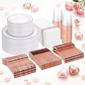 lot 1883 image: Supernal 400Pcs Rose Gold Plastic Dinnerware Set for 50 Guests Wedding