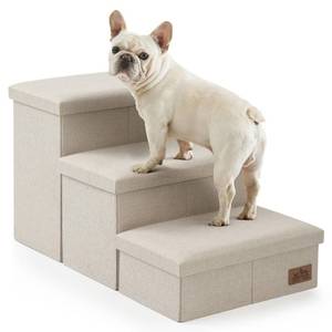 lot 1884 image: COZY KISS Dog Stairs with Storage, 3-Step Wider Sturdy Dog Steps for SmallMediumLarge Dogs and Older Cats, Folding Doggie Ramp for BedCouch Hold Up to 180 lbs (16.7 H, Beige)