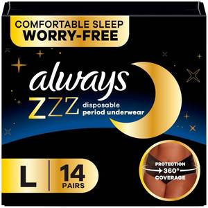 lot 1898 image: Always ZZZ Overnight Disposable Period Underwear for Women, Large, 360° Coverage for Worry-Free Nights, 14 Count (2 Packs of 7)