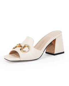 lot 1924 image: gihubafuil Womens Sandals Peep Toe Slides Chunky Heel Mules Single Band Comfort Slip-on Shoes with Metal Chain for Spring Summer Apricot
