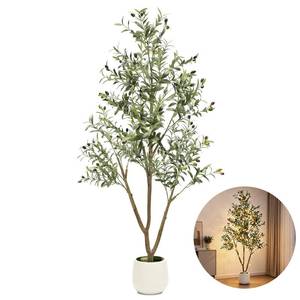 lot 1935 image: 6FT Artificial Olive Tree with Lights & Planter, Realistic Faux Olive Plant