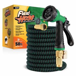 lot 1936 image: Flexi Hose with 8 Function Nozzle, 50FT - Lightweight Expandable Garden Hose, No-Kink Flexibility, 34 Inch Solid Brass Fittings and Double Latex Core - Black and Green