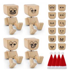 lot 2233 image: beuhugas 4PCS Shaking Feet Wooden Doll, Tiny Wooden Shaking Man Doll with Spring Legs with 12pcs Magnetic Expressions Funny Cars Ornaments Wood Desktop Decor, Car Dashboard Accessories