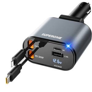 lot 2263 image: Upgraded SUPERONE Retractable Car Charger 4 in 1 Fast Car Phone Charger