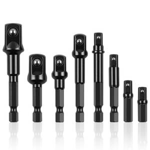 lot 2302 image: Rindion Drill Socket Adapter 8 Piece, Black Impact Sockets Adapter Set Fit for 14, 38, 12 Hex Shank, 5 Different Lengths Socket Drill Adapter, Universal 14 Socket Adapter