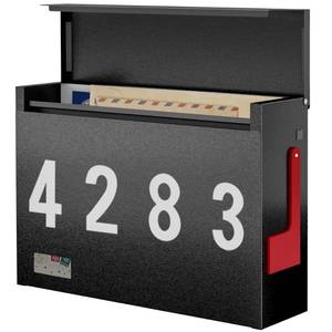 lot 3713 image: Modern Mailboxes for Outside, Metal Wall Mount Mailbox, with One Flag Kit and Three Sets of Mailbox Number Stickers, 3.9 D�14.2 W�10.2 H, Rust Resistant Coating Mail Boxes for House, Black AMB07B