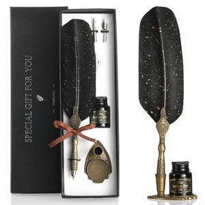 lot 4167 image: VANGOAL Vintage Black Feather Pen and Ink Set, Classic Series Goose Quill With Carving Stand, Calligraphy Nibs, Black Dip Ink, Antique Writing Gift for Writer