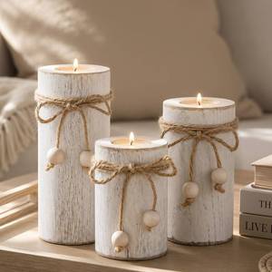 lot 4173 image: White Wooden Candle Holder with Flameless LED Candles Modern Boho Decor 3p