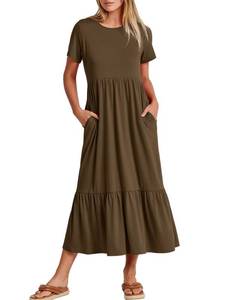 lot 4178 image: ANRABESS Womens 2026 Summer Casual Maxi Dress A line Tiered Flowy Short Sleeve Crewneck T Shirt Beach Travel Long Dresses XX-Large Coffee