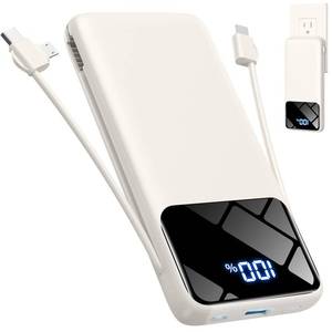 lot 4187 image: Zmmyuluo Portable Charger with Built-in Cables and AC Wall Plug, 10000mAh Ultra Slim USB C Power Bank, Travel Essentials Battery Pack Portable Phone Charger for iPhone, Samsung -Off White