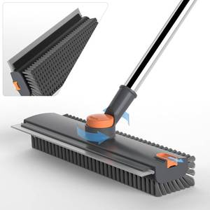 lot 5509 image: Floor Scrub Brush with Long Handle, 3 in 1 Scrape and Heavy-Duty Stiff Bristle Floor Scrubber Brush Broom with Squeegee and Tweezer for Cleaning Grey
