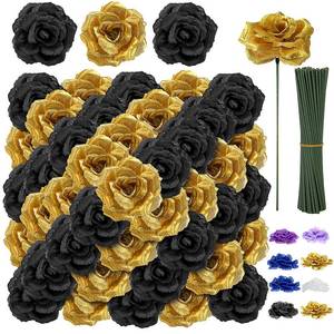 lot 5510 image: LELEE 108pcs Black Gold Roses Flowers with Stem for Graduation Bridal Decor