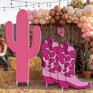 lot 5513 image: Sliner 3 Pcs Cowgirl Western Party Decorations, Pink Cactus and 2 Boots