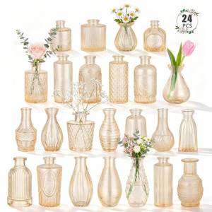 lot 5523 image: 24 Pack Bud Vase in Bulk - BEAHOT Gold Flower Vases for Wedding Decorations, Glass Vase for Table Decorations, Small Vase for Home, Mothers Day, Centerpieces, Party, Office (Gold)