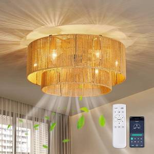 lot 5532 image: Boho Ceiling Fan with Light Rattan Flush Mount Ceiling Fans with Remote Control 20 Inch Enclosed 7 Speeds for Bedroom Living Room Kitchen Farmhouse Dining Room