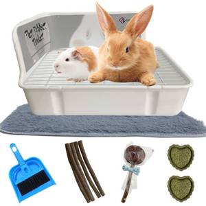 lot 5547 image: MUYG Rabbit Litter Box for Cage Corner Bunny Toilet Small Animal Potty Training with Dustpan Broom Chew Toys for Chinchilla Ferret Hedgehog Gerbil (10 Pcs)