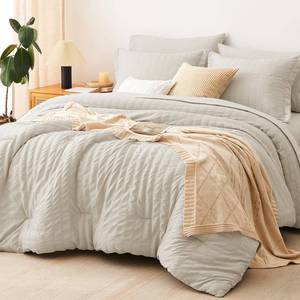 lot 5555 image: CozyLux King Size Comforter Set, 7 Pieces Oatmeal Seersucker Bed in a Bag