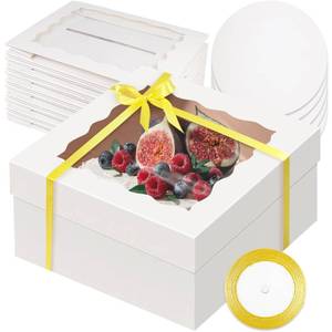 lot 5560 image: qiqee 12x12x6 Cake Box, 18 Sets White Cake Box with Window �� 18 Sets 12 White Cake Round Boards, 12inch Cake Containers, 10 Meters Gold Silk Ribbon