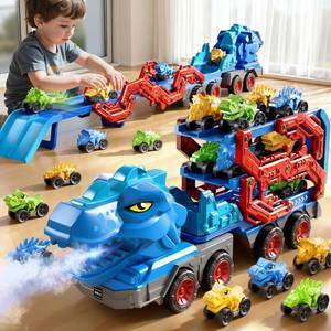 lot 5570 image: PEADUCK Toddler Car Truck Toys for Kids Ages 3-5, 10-in-1 Dinosaur Carrier Truck with Foldable Track Toys with Spray, Light & Sounds and 9 Dino Cars, Birthday Gift for 3 4 5 6 7 8 Years Old Boys Girls