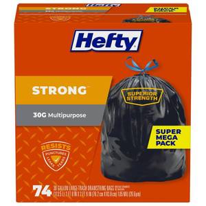 lot 5575 image: Hefty Strong 30 Gallon Trash Bags with Drawstrings, Black, Unscented, 74ct