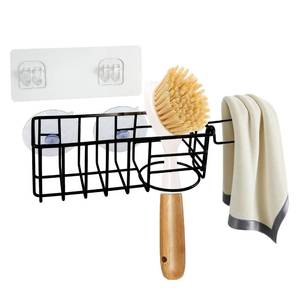 lot 6377 image: Yuibthr Sponge Holder with Dish Cloth Hanger for Kitchen Sink, In-sink Caddy Organizer with Suction Cups & Adhesive Strips, Rustproof Sponge Rack for Soap, Brush, Scrubber - Black
