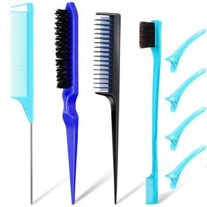 lot 6379 image: 8 Pcs Hair Styling Set - Dual Edge Teasing Brush, Triple Teasing Comb, Rat Tail Comb, Grooming Clips for Women, Girls, Stylists (Blue)
