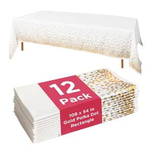 lot 6388 image: Prestee 12-Pack White and Gold Tablecloth - 54x108 Inch - Disposable Table Covers for Party, Weddings, and Holidays - Waterproof Christmas Tablecloth, Stain-Resistant Plastic Table Cover Set