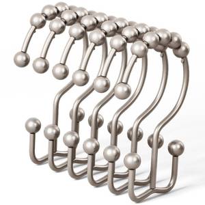 lot 6397 image: DAWNER Shower Curtain Hooks, Rust Proof Metal Easy Glide Double Rings, Stainless Steel Hangers for Bathroom Curtains, Set of 12, Brushed Nickel