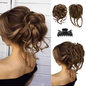 lot 6405 image: SARLA 2PCS Messy Bun Hair Pieces for Women Detachable Claw Clip Wavy Curly Synthetic Hairpieces for Updos with Tendrils Fake Scrunchies Ponytail Extension Chocolate