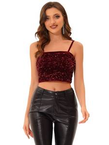 lot 6421 image: Allegra K Sequined Cami Top for Womens Velvet Spaghetti Strap Club Party Crop Tank Tops size Large Burgundy