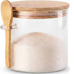 lot 6468 image: Phininia 21oz Glass Sugar Container with Bamboo Lid & Spoon �� Airtight Sugar Bowl for Coffee Bar Essentials, Sugar Cubes, Canister for Coffee Station Accessories �� Clear Kitchen Bar Decor